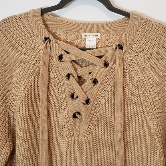 Main Strip Lace Up Front Knitted Tan Sweater Size Medium - Picture 2 of 12